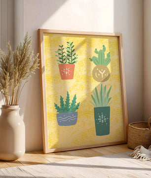 Illustrated potted plants on textured yellow background