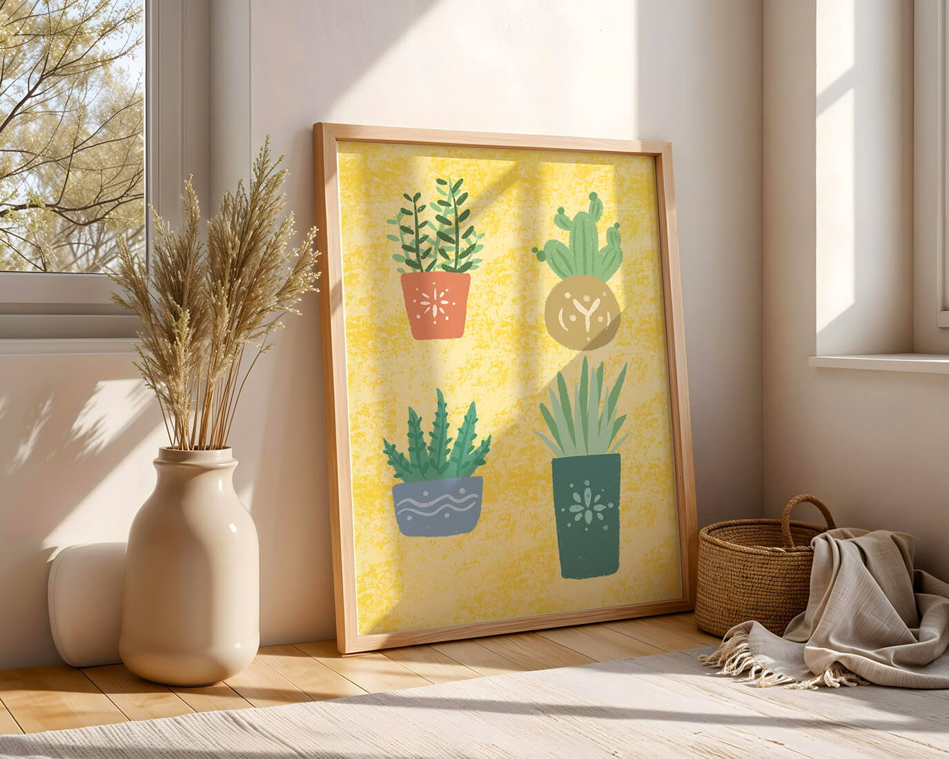 Illustrated potted plants on textured yellow background