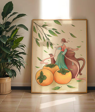 Whimsical scene with a woman in traditional attire among persimmons and leaves