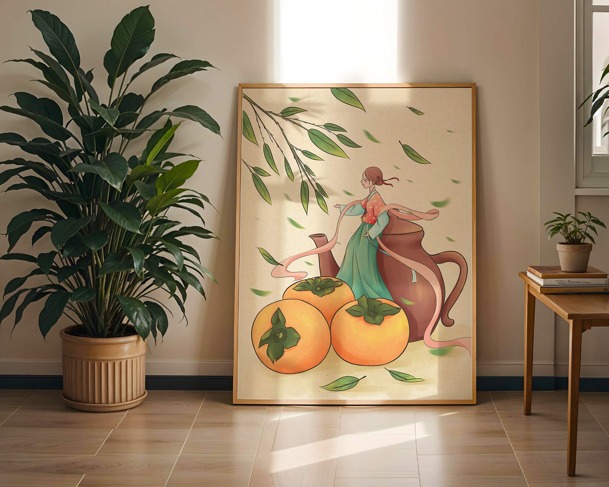 Whimsical scene with a woman in traditional attire among persimmons and leaves