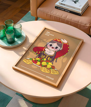 Illustration d’une figure culturelle ouïghoure portant un costume traditionnel et partageant un repas festif