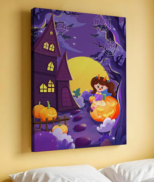 Charming Halloween scene with a girl on a pumpkin near a haunted house