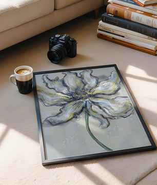 Elegant blue and green abstract floral artwork with flowing lines