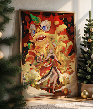 Colorful anime-inspired scene with a lion dance and festive character