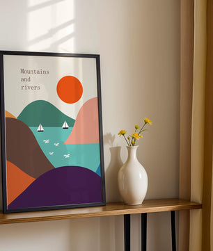 Abstract landscape with vibrant colors and geometric shapes