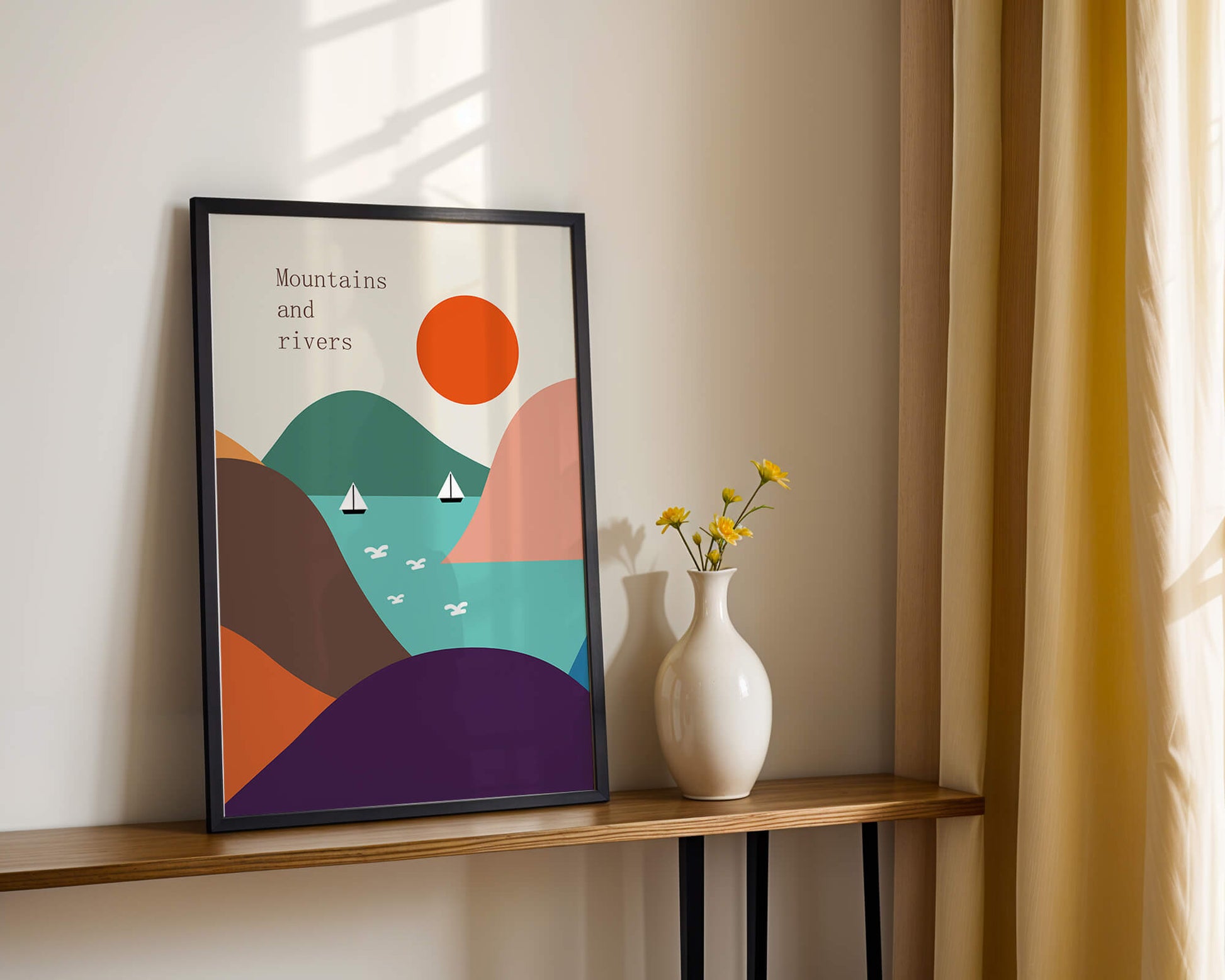 Abstract landscape with vibrant colors and geometric shapes