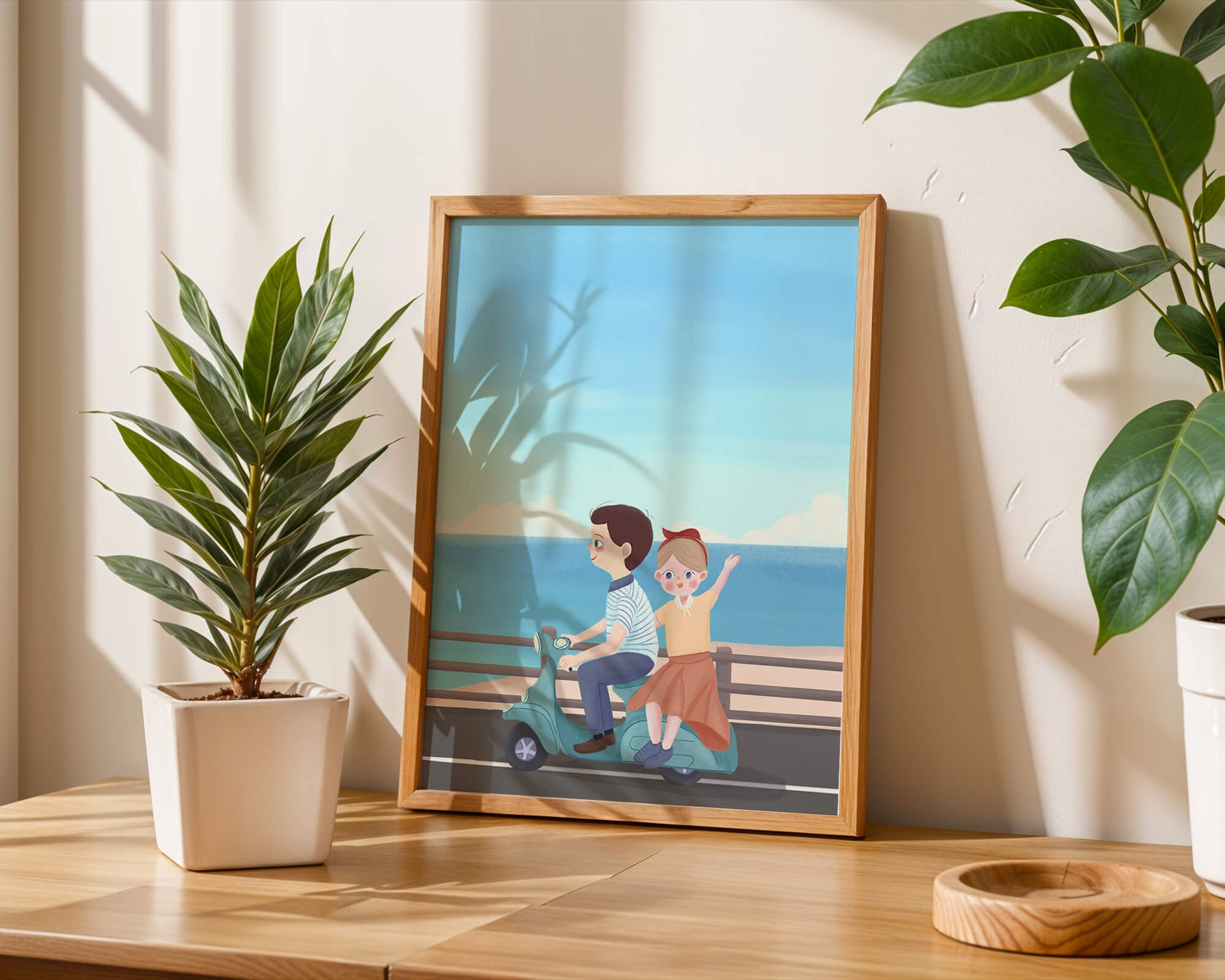Young couple enjoying a scenic scooter ride by the seaside