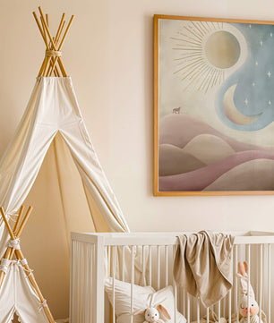 Minimalist landscape with sun, moon, and wolf in pastel hues