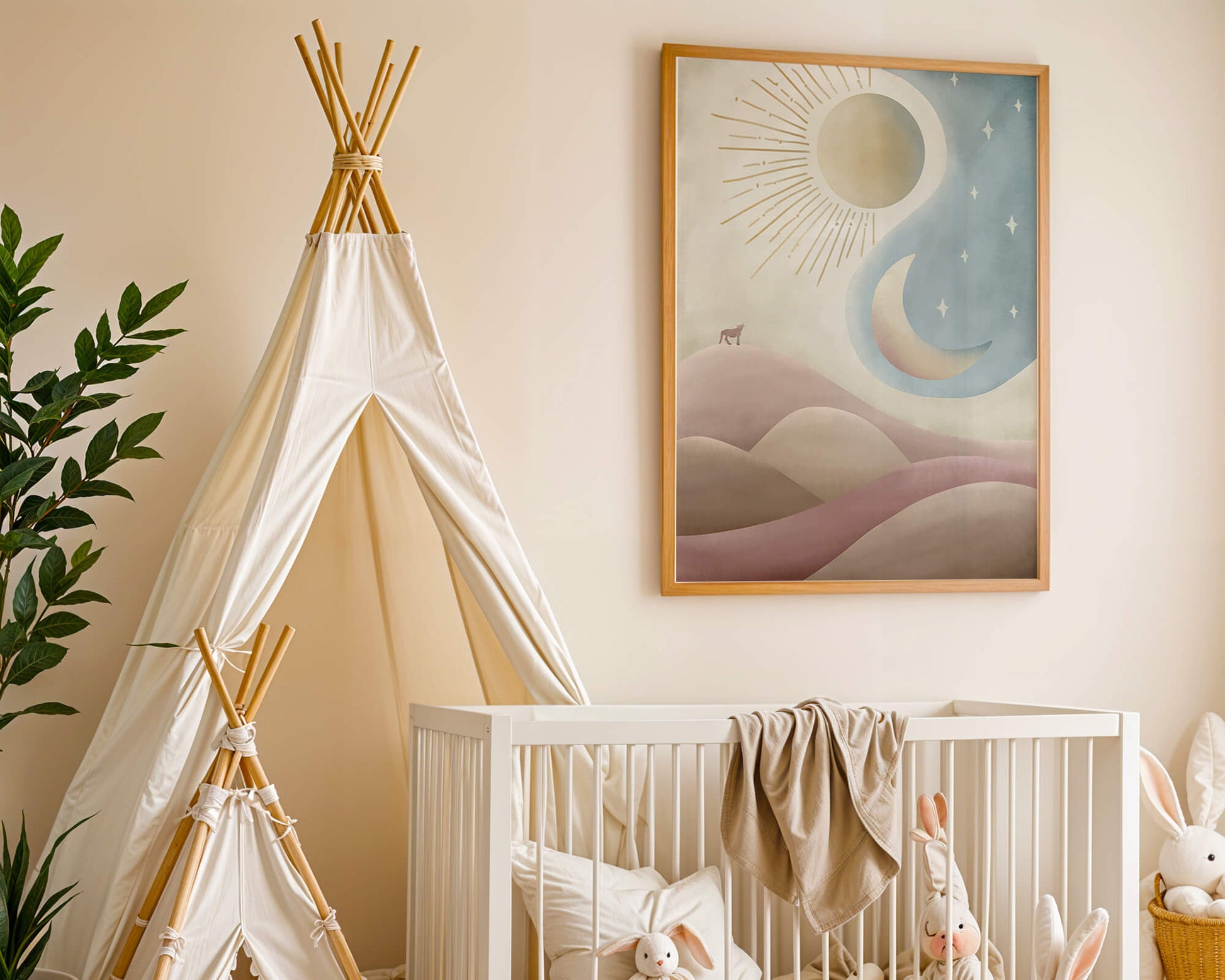 Minimalist landscape with sun, moon, and wolf in pastel hues