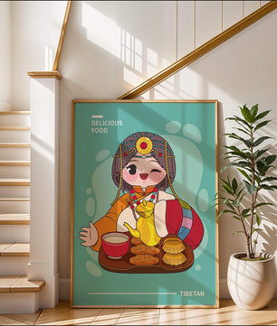 Charmanter tibetischer Charakter mit traditioneller Lebensmittelillustration