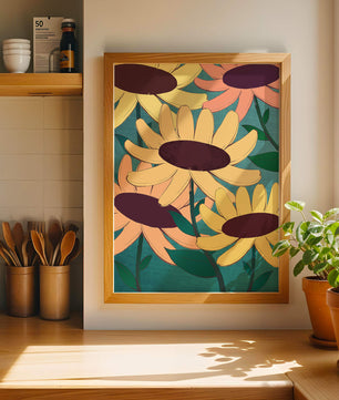 Ilustración floral con margaritas amarillas y naranjas sobre fondo turquesa