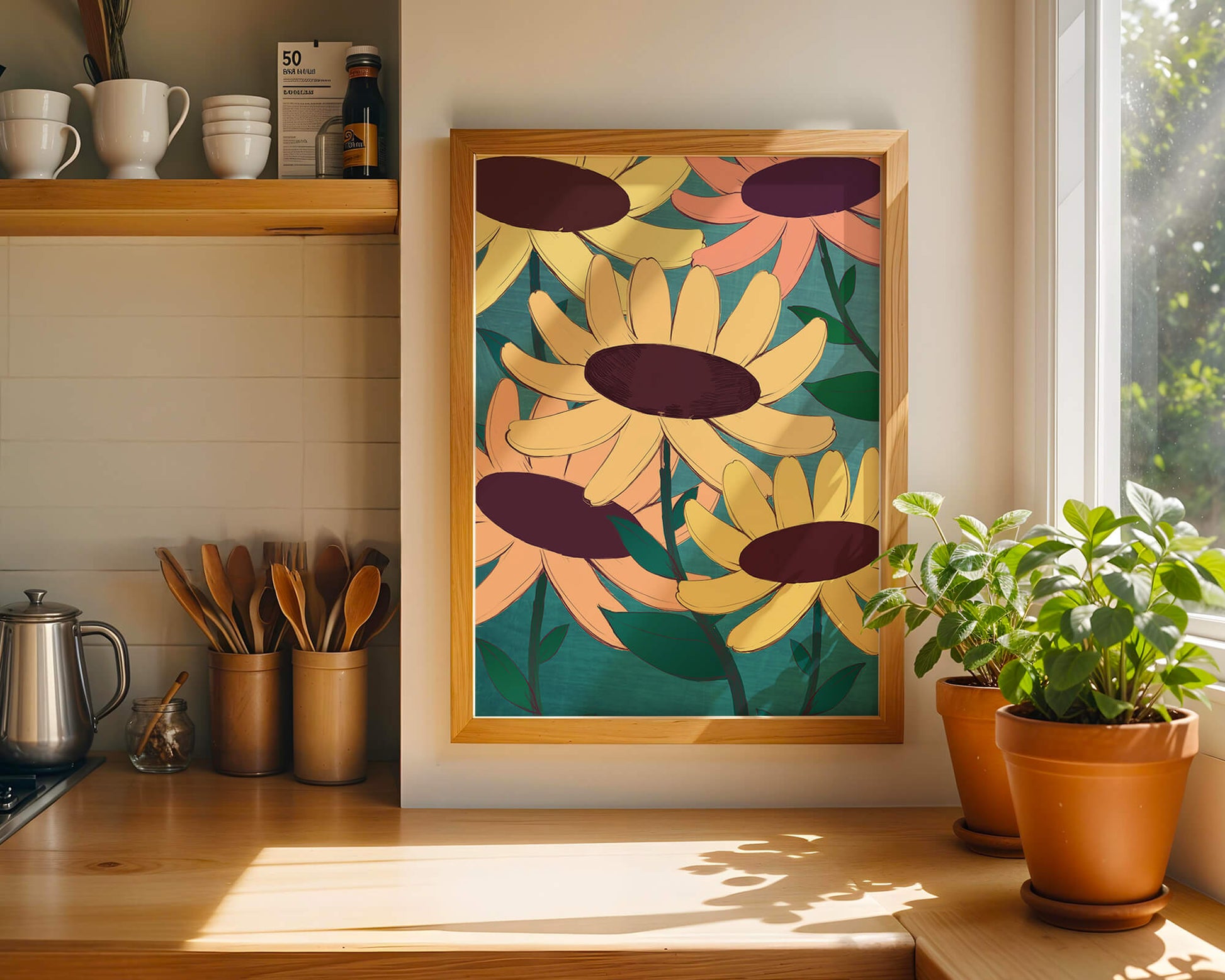 Ilustración floral con margaritas amarillas y naranjas sobre fondo turquesa