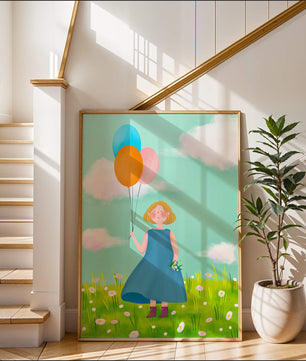 Girl with balloons in a field of daisies under a blue sky