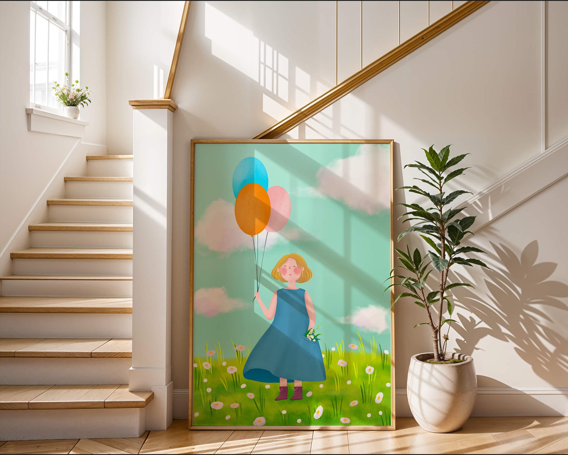 Girl with balloons in a field of daisies under a blue sky