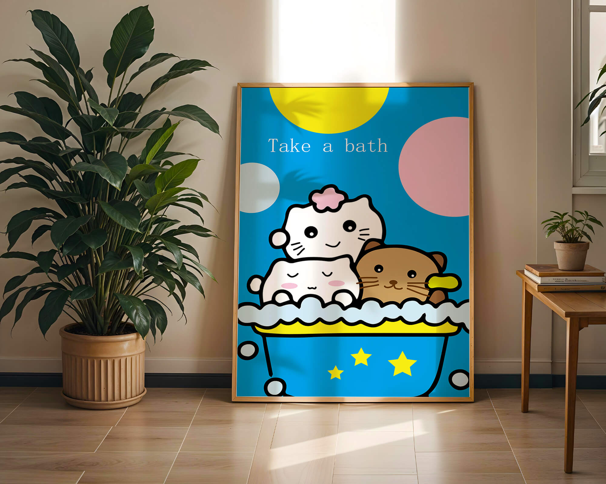 Adorable cartoon characters in a bubble bath with vibrant background