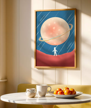 Illustration Of A Large Planet Against A Stardust Background With A Small Figure In The Foreground