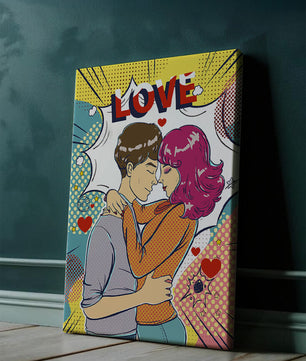 Ilustración de pop art romántico con pareja abrazándose y texto de amor