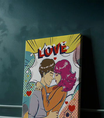 Romantic Pop Art Illustration with Embracing Couple and Love Text