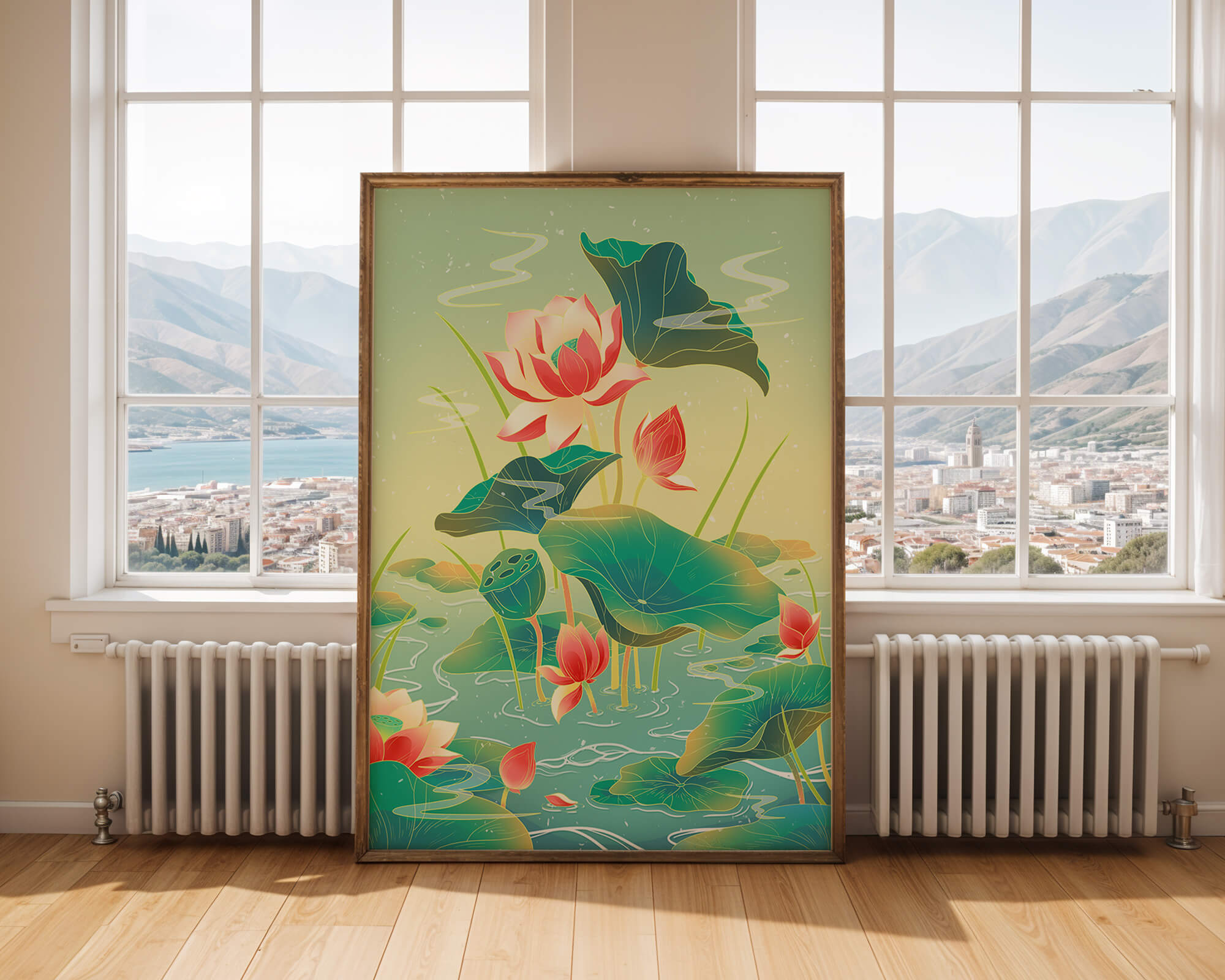 Serene lotus pond with vibrant lilies and lush green leaves
