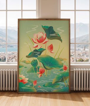 Serene lotus pond with vibrant lilies and lush green leaves