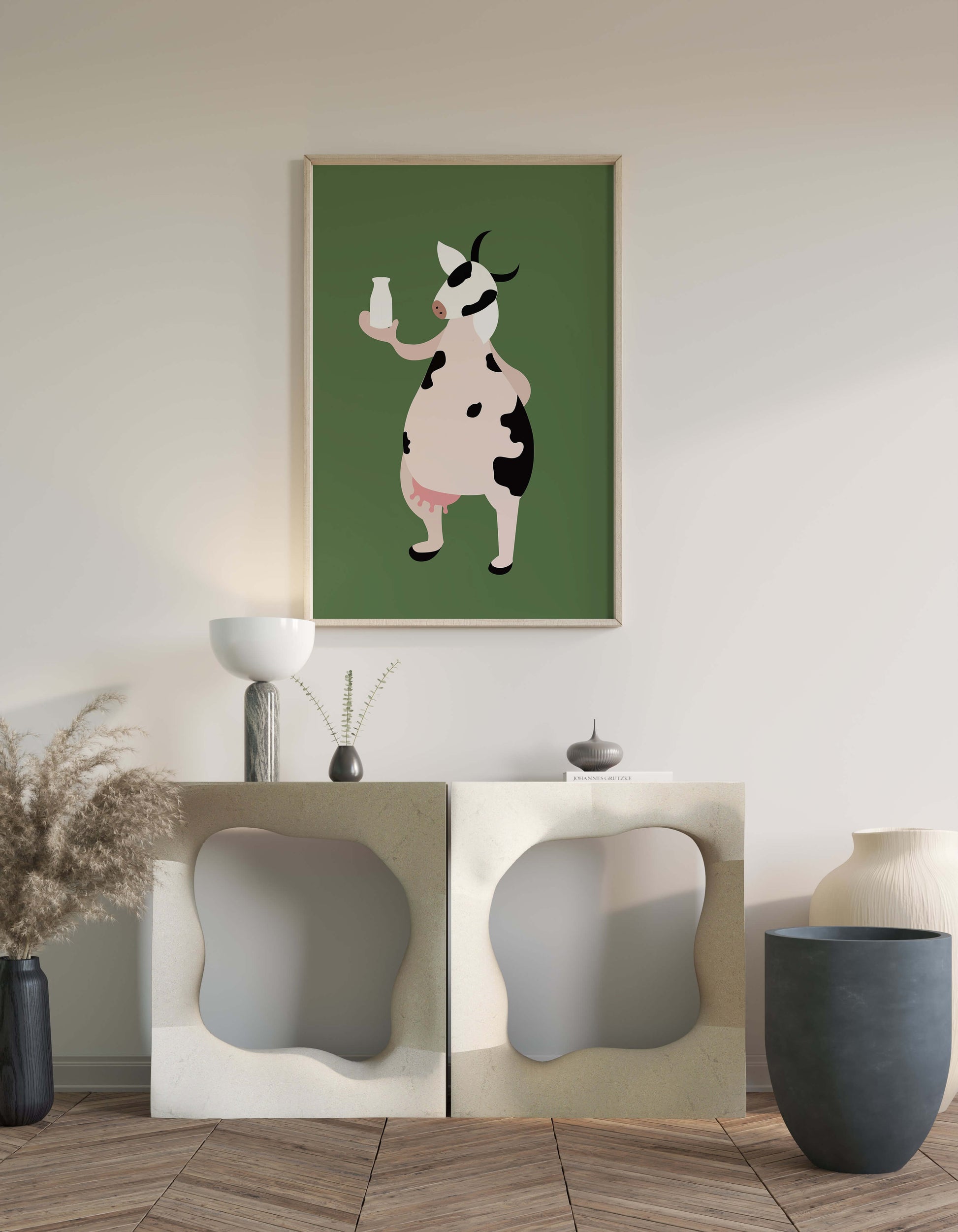 Illustration of anthropomorphic cow holding a milk bottle on green background