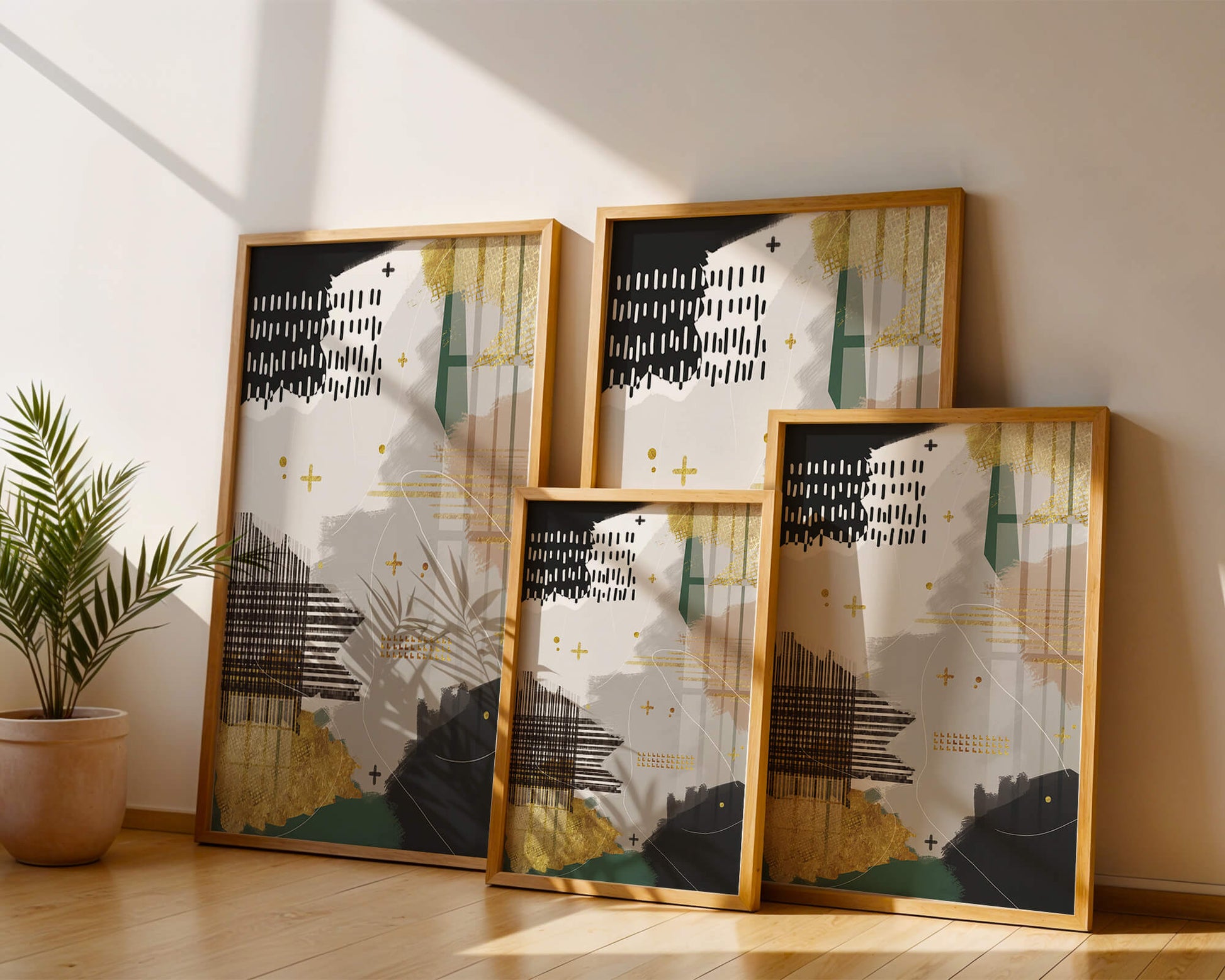 Abstract mixed media art with gold and geometric patterns