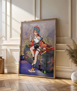 Anime art of a girl in traditional attire with urban elements