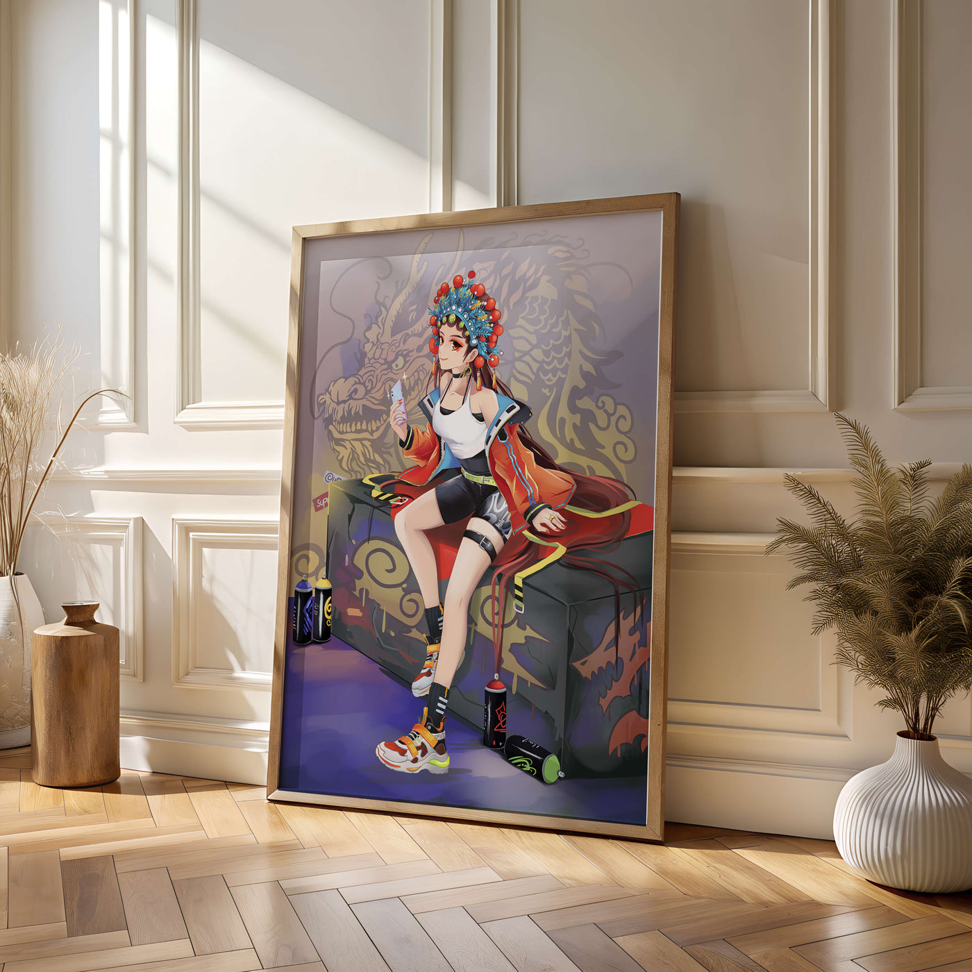 Anime art of a girl in traditional attire with urban elements