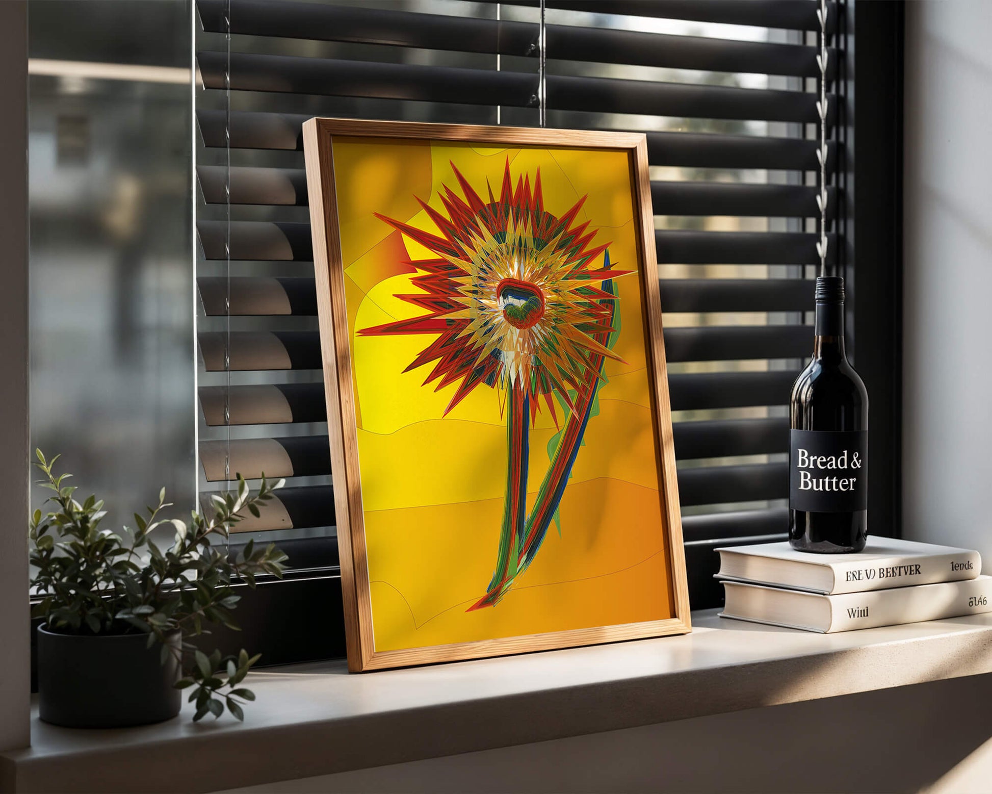 Abstract vibrant sunflower art with dynamic geometric shapes