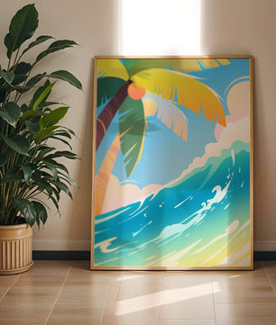 Escena vibrante de playa tropical con palmera y ola del océano
