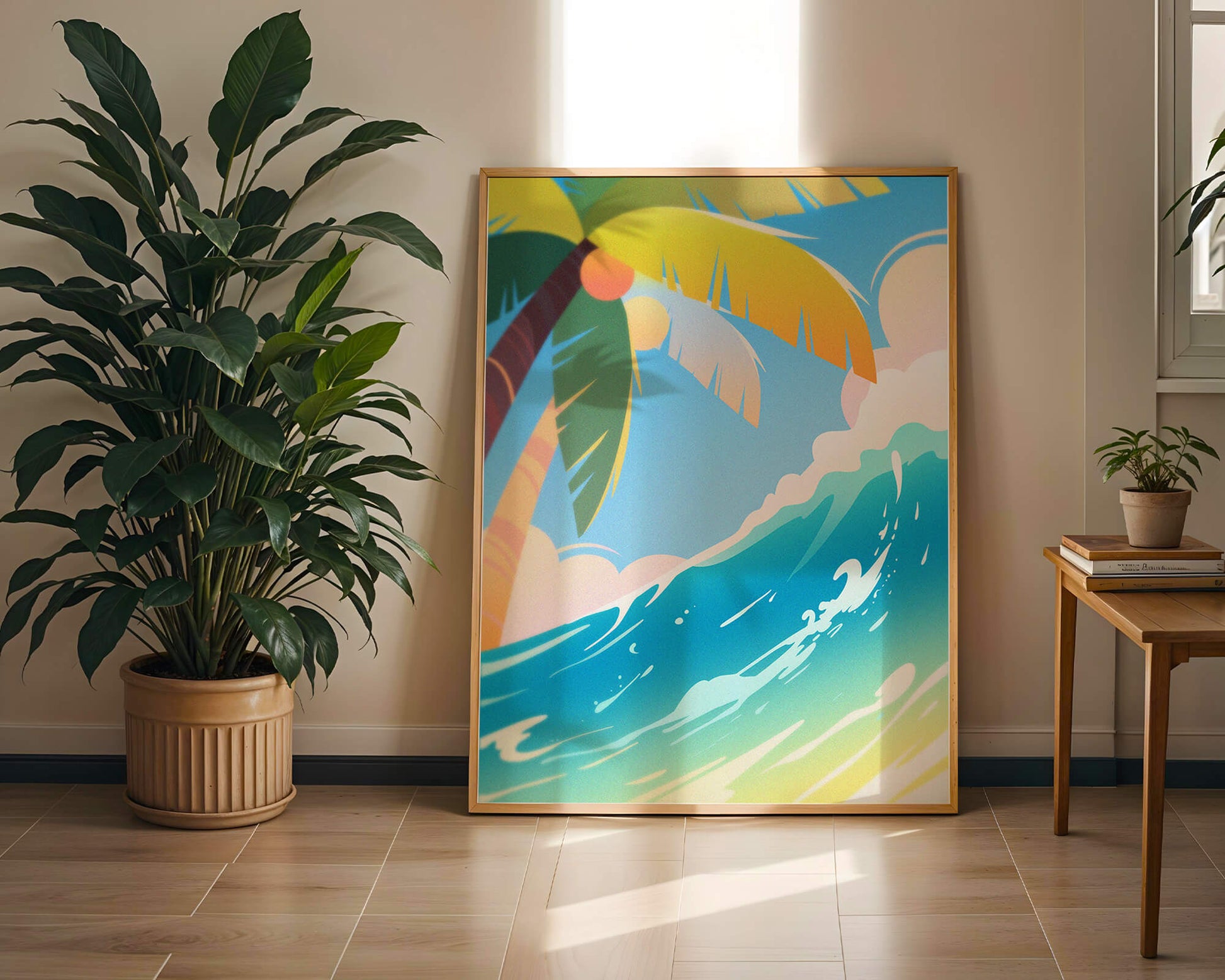 Escena vibrante de playa tropical con palmera y ola del océano