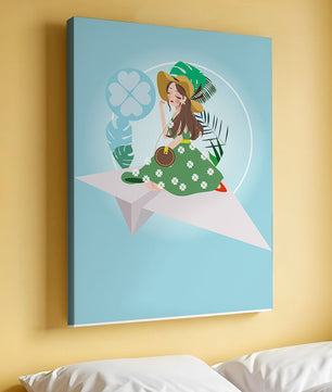 Mujer en un avión de papel con fondo de tema tropical