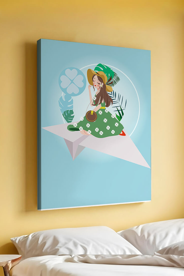 Woman on paper plane with tropical theme background