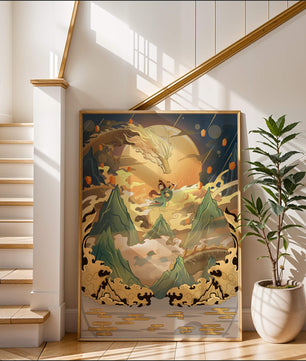 Mythical dragon and warrior painting with golden elements against a mountainous landscape