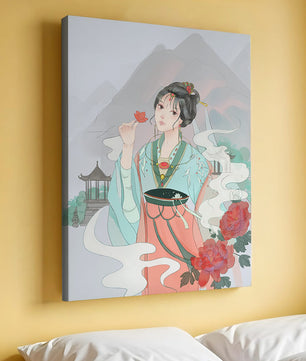Elegant Asian woman with flowers and mountain background