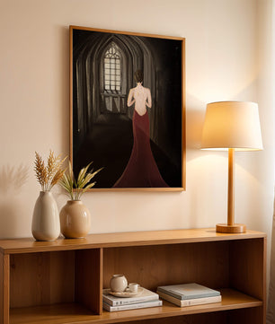 Elegant woman in a red dress inside a gothic hallway