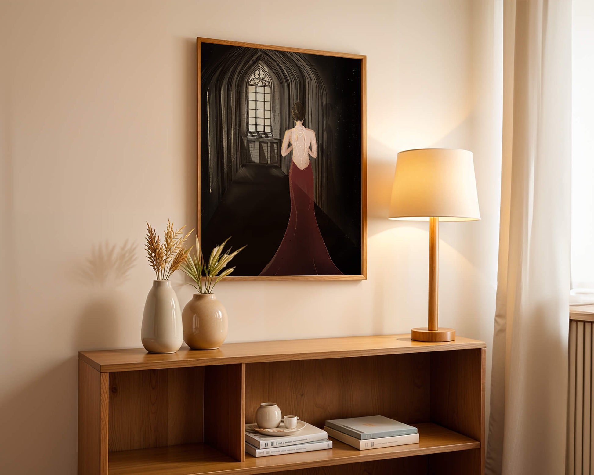 Elegant woman in a red dress inside a gothic hallway