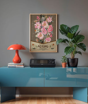 Ilustración acuarela floral con texto motivacional sobre un fondo marrón punteado