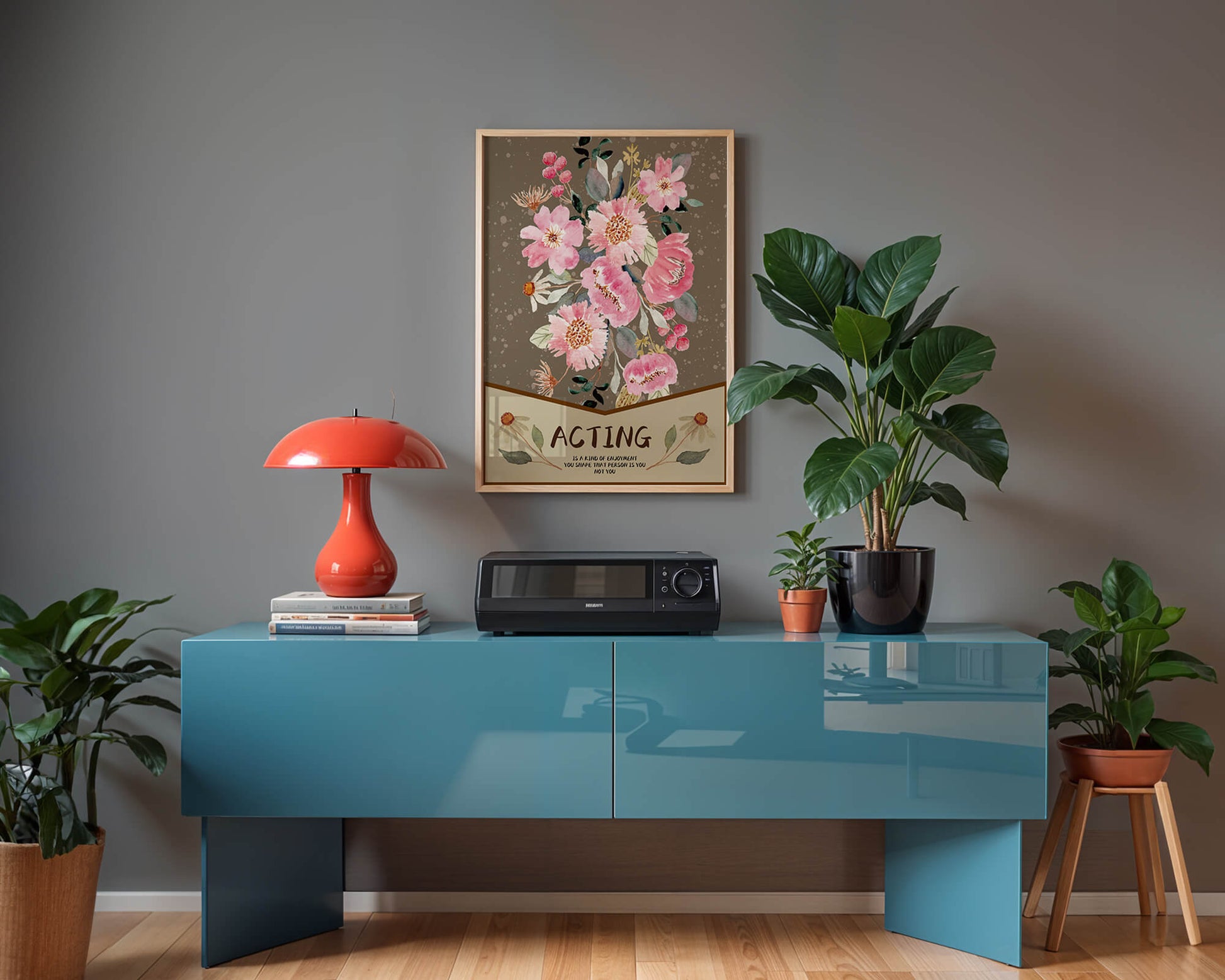 Floral watercolor illustration with motivational text on a brown dotted background