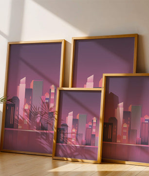 Modern Abstract Cityscape at Sunset with Reflective Water - Mi tienda