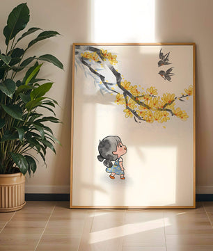 Charming illustration of a child gazing at birds and yellow blossoms