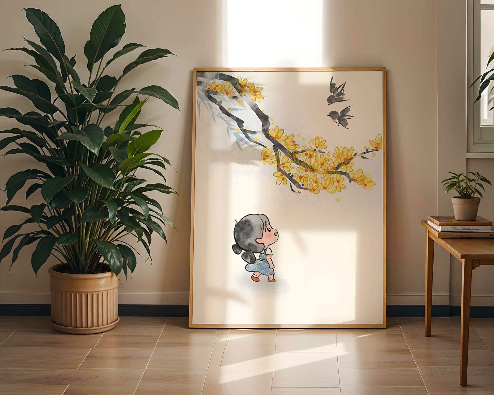 Charming illustration of a child gazing at birds and yellow blossoms