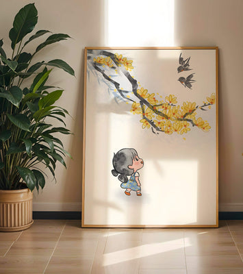 Charming illustration of a child gazing at birds and yellow blossoms