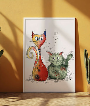 Ilustración artística colorida de dos gatos juguetones sobre fondo blanco