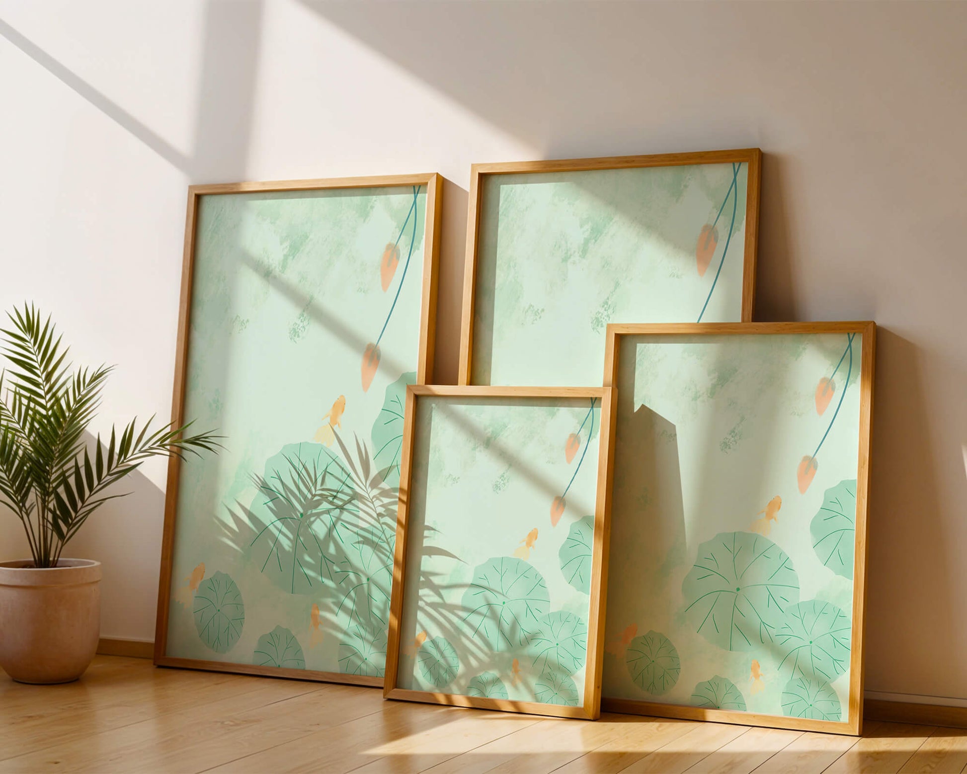 Serene Pond Scene with Goldfish and Lotus Leaves