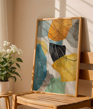 Abstrakte geometrische Kunst mit goldenen Akzenten und leuchtenden Farben