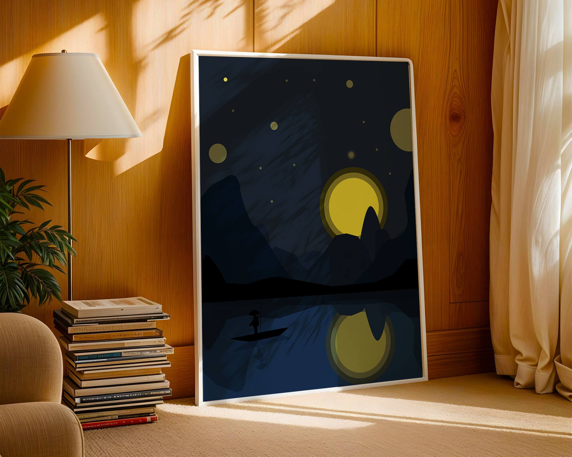 Serene night landscape with moonlit river and silhouetted boat