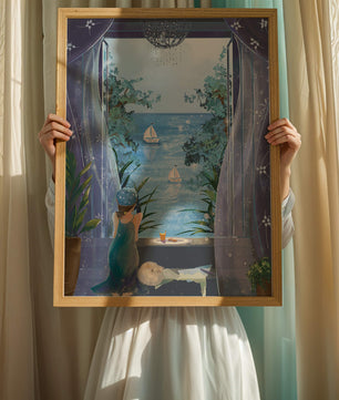 Peaceful Seaside View Through Open Window with Girl and Cat