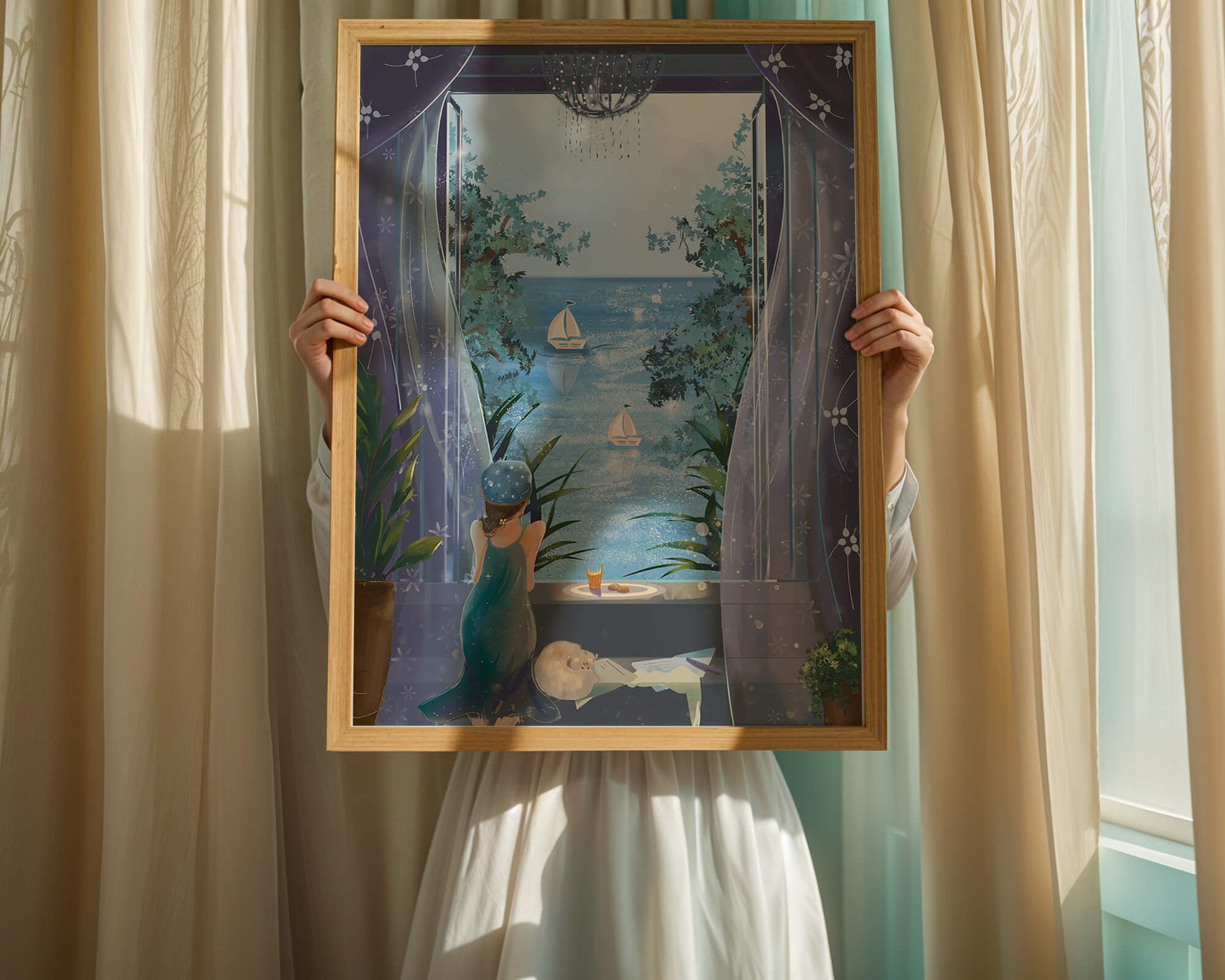 Peaceful Seaside View Through Open Window with Girl and Cat