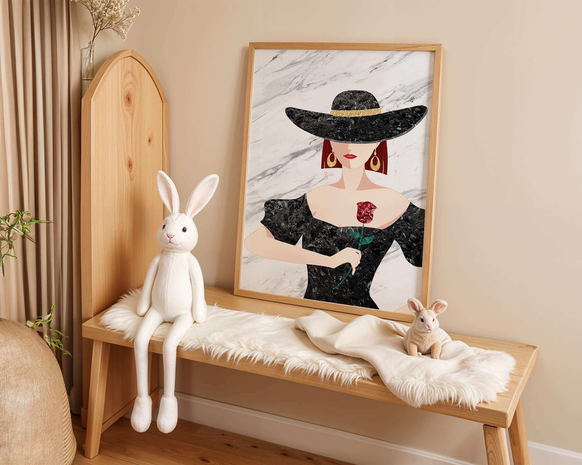Elegant woman in wide-brimmed hat holding a rose on marble background
